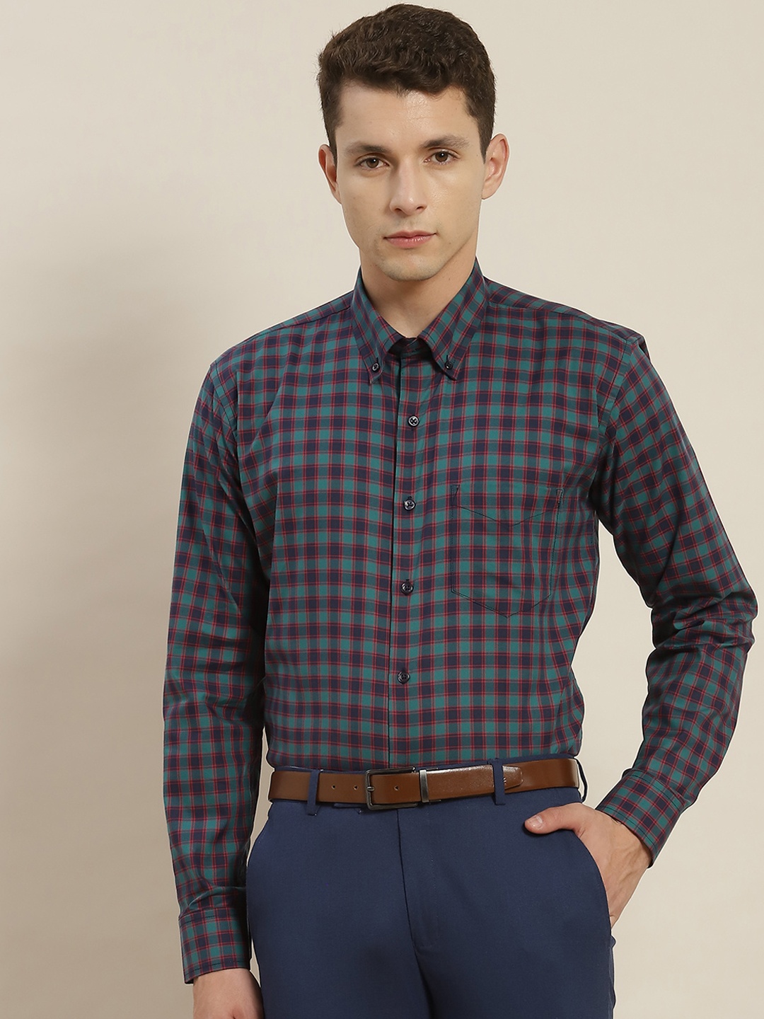 

Hancock Men Navy Blue & Green Slim Fit Tartan Checked Cotton Formal Shirt