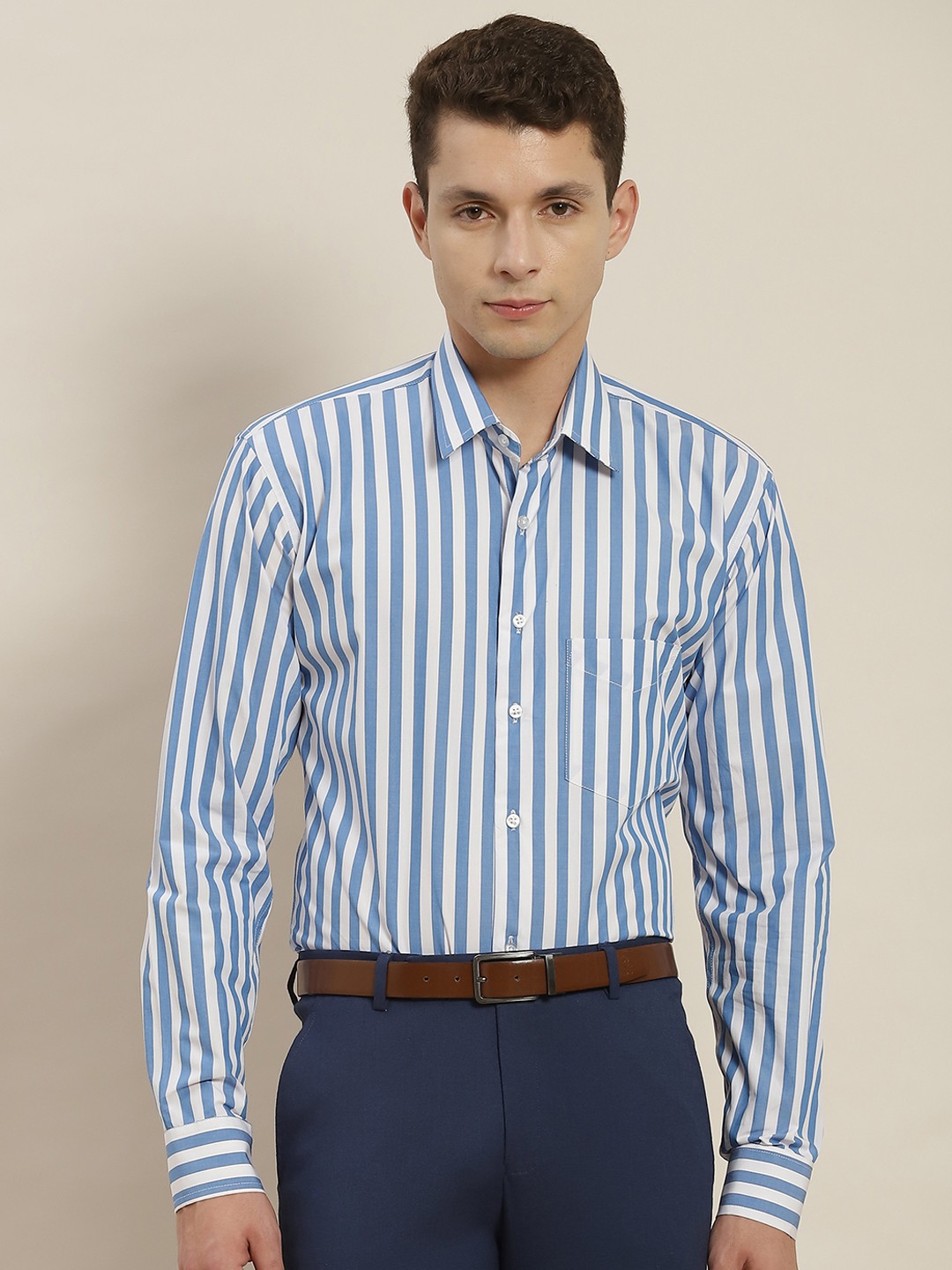 

Hancock Men Blue & White Slim Fit Striped Cotton Formal Shirt