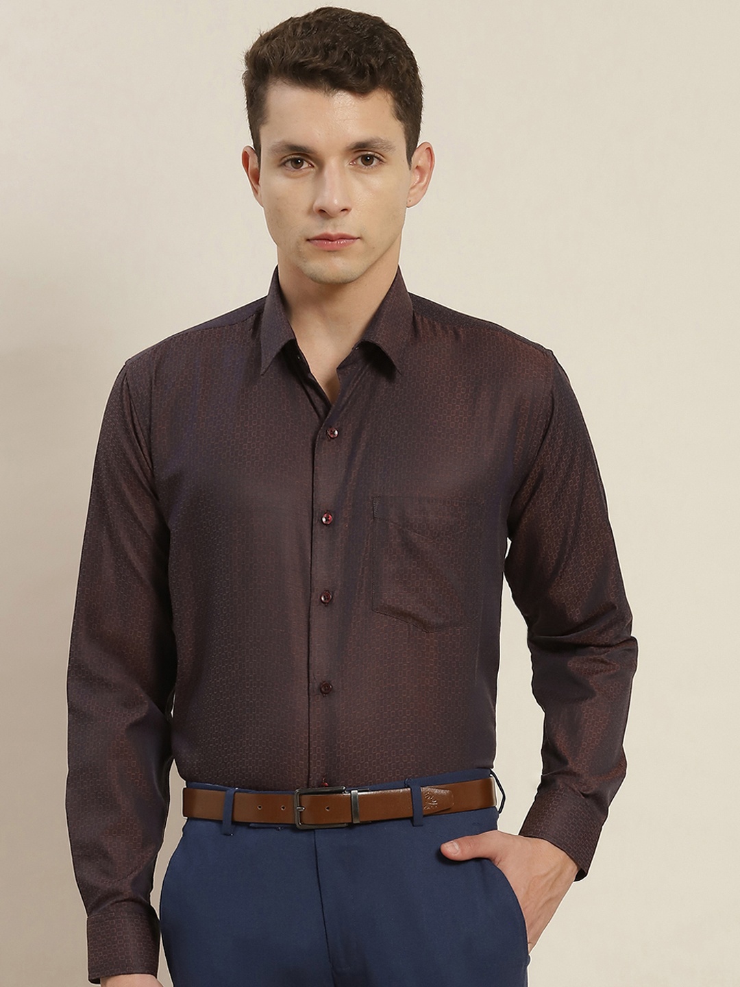 

Hancock Men Slim Fit Self Design Party Shirt, Burgundy