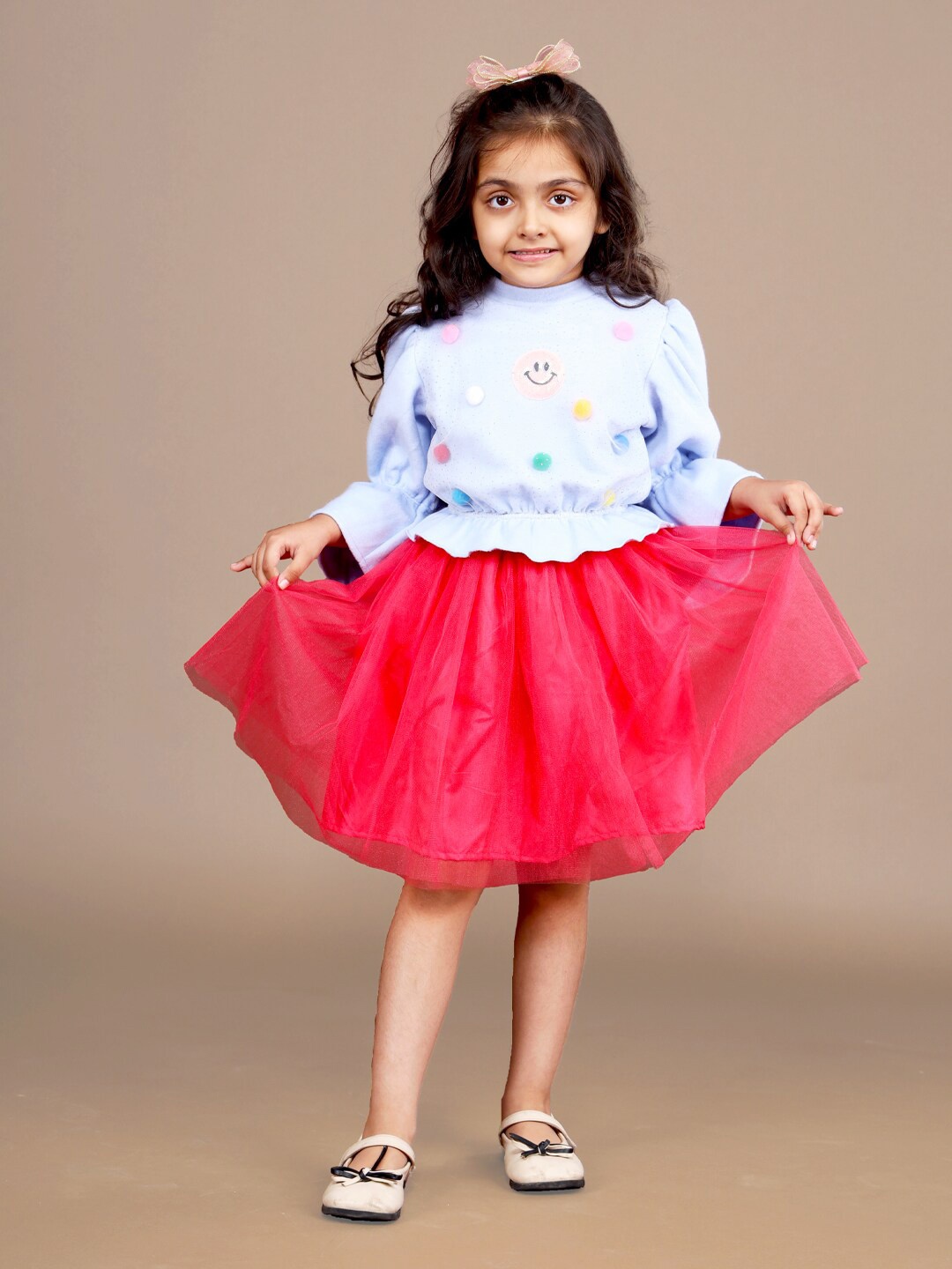 

Beyabella Blue & Red Pom-Pom Embellished Top