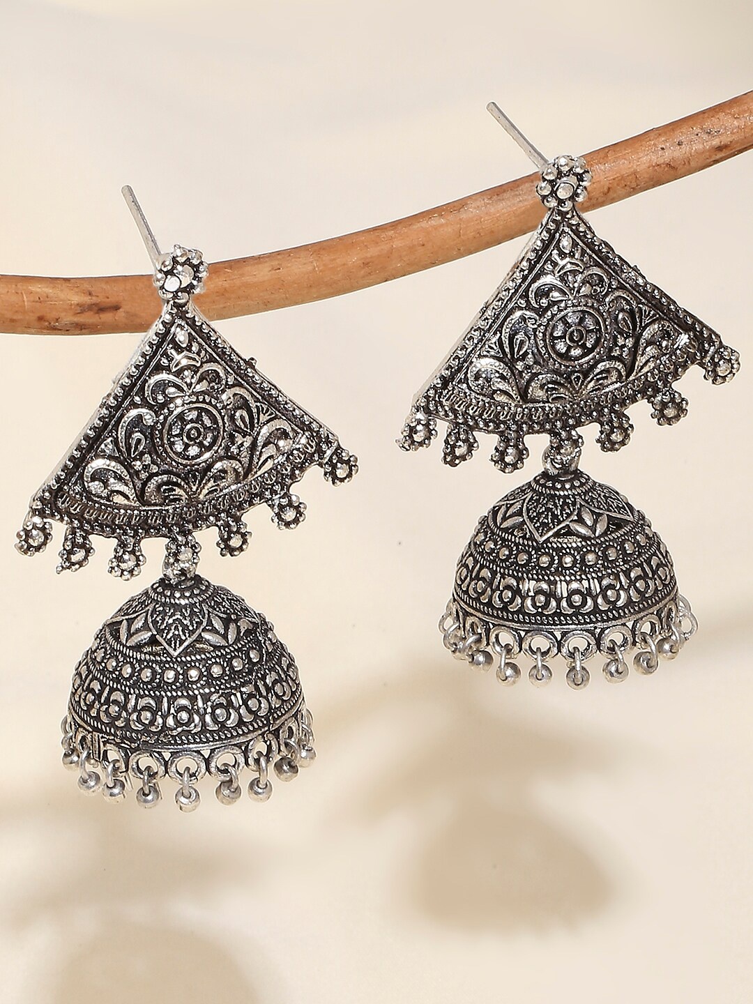 

OOMPH Silver-Toned Geometric Jhumkas Earrings