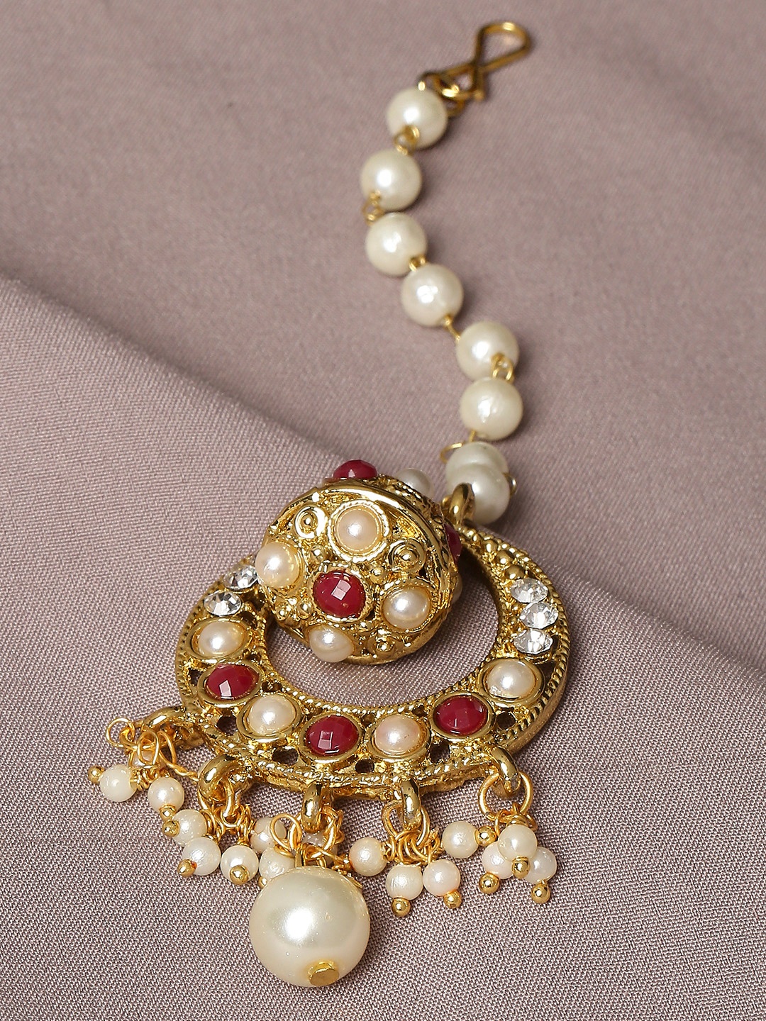 

OOMPH Gold-Plated Red Stone Studded & Pearl Beaded Maang Tikka