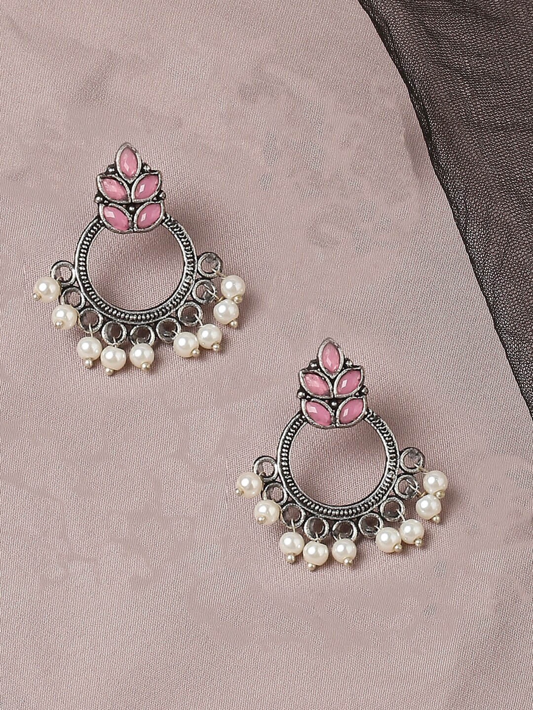 

OOMPH Silver-Toned & Pink Floral Chandbalis Earrings