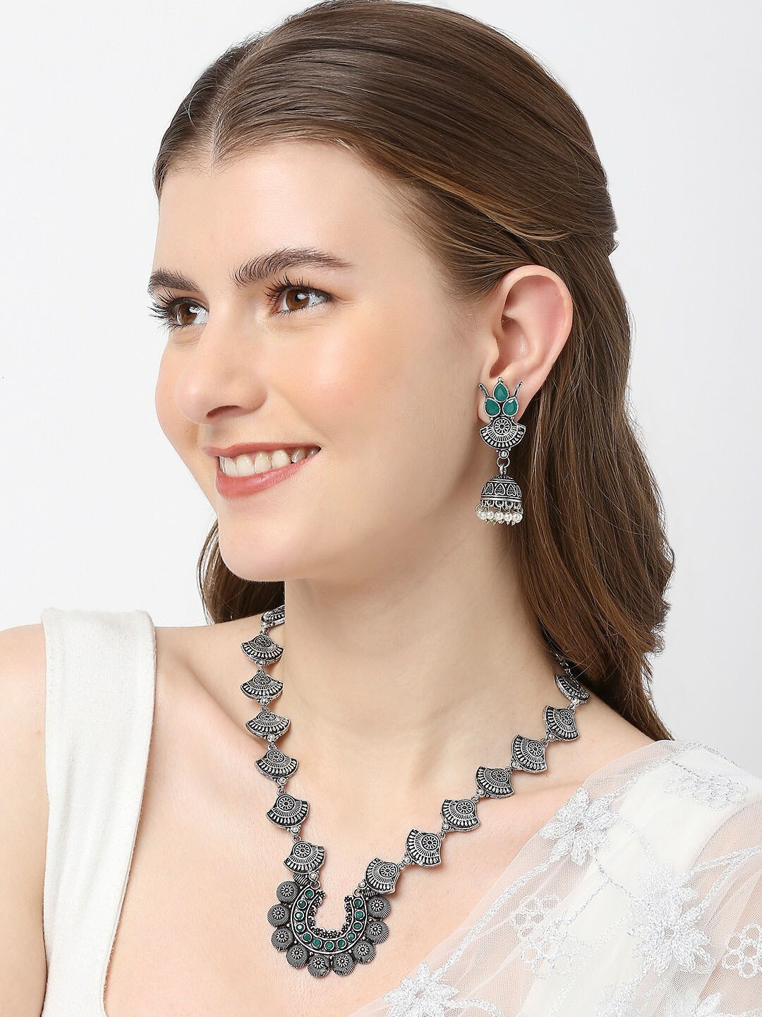 

OOMPH Oxidised Silver-Toned & Green Stones Studded Ethnic Necklace Set