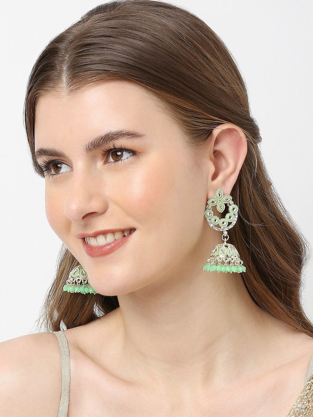 

OOMPH Gold-Toned & Green Floral Jhumkas Earrings