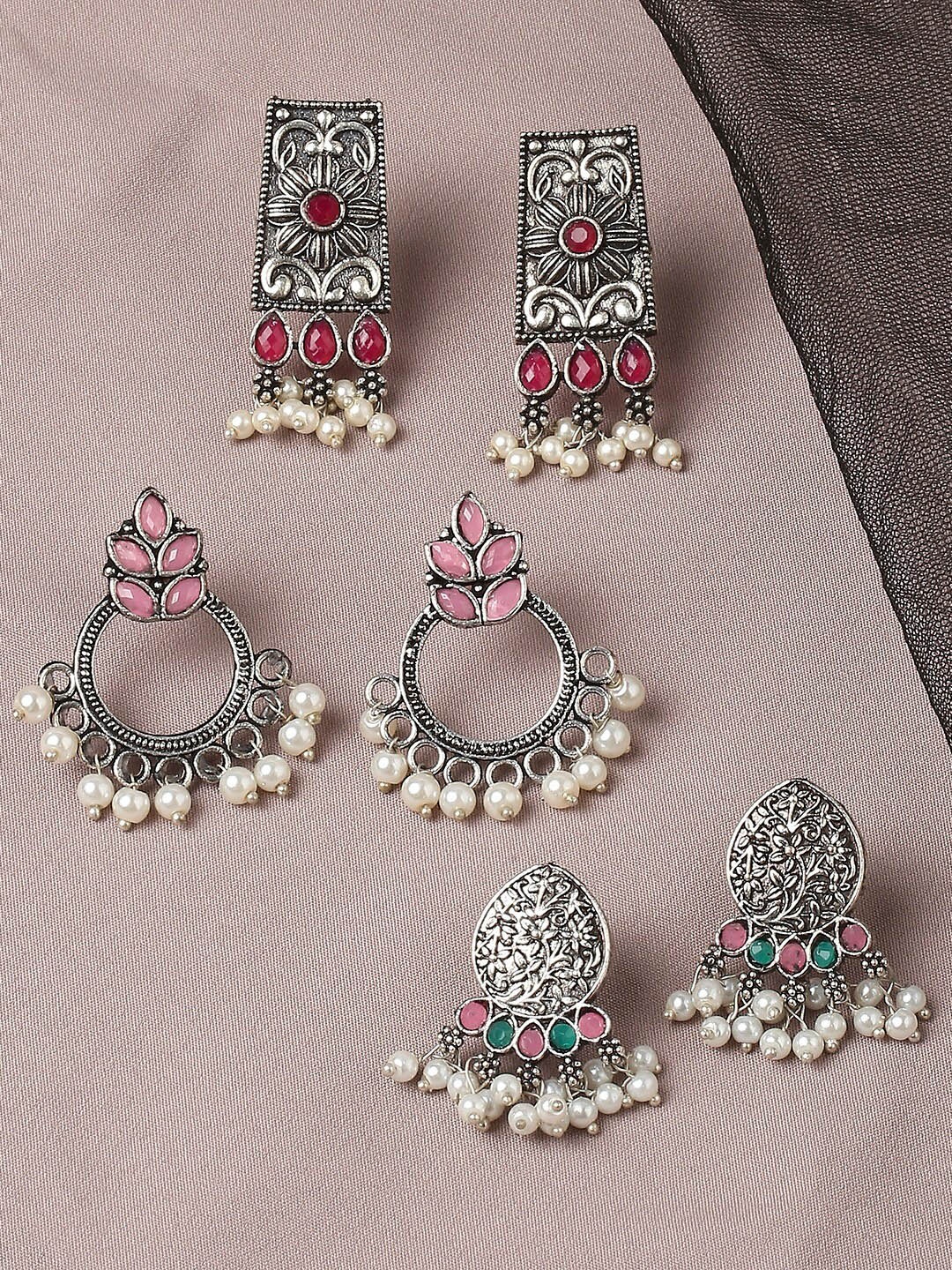

OOMPH Silver-Toned & Red Floral Set Of 3 Jhumkas Earrings