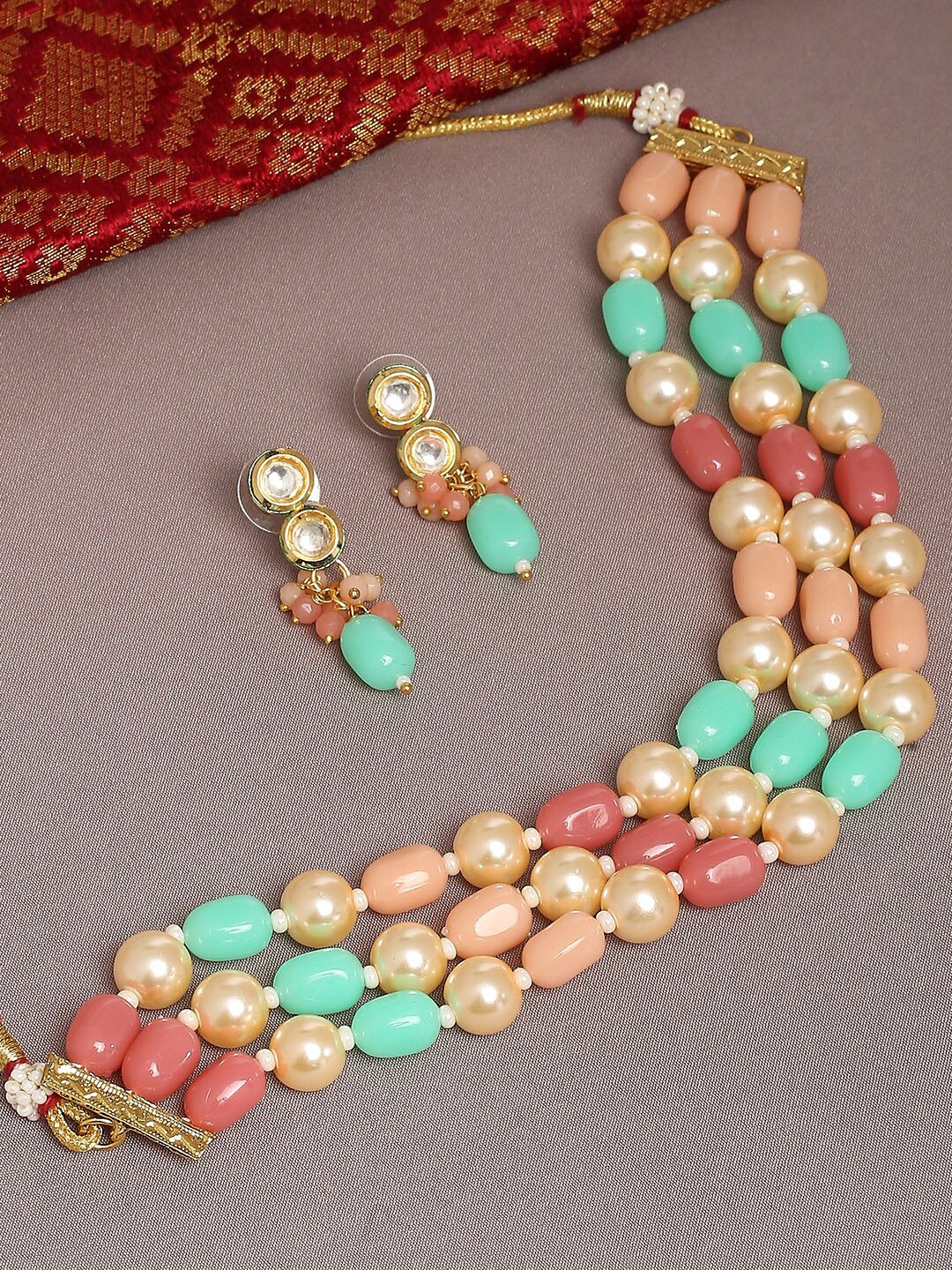 

OOMPH Gold-Toned Pink & Sea Green Pearls MultiLayer Ethnic Choker Jewellery Set