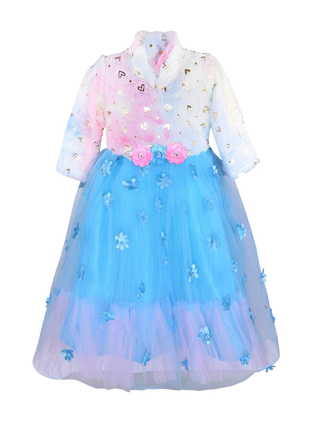 

Wish Karo Girls Blue & White Embellished Applique Net Dress