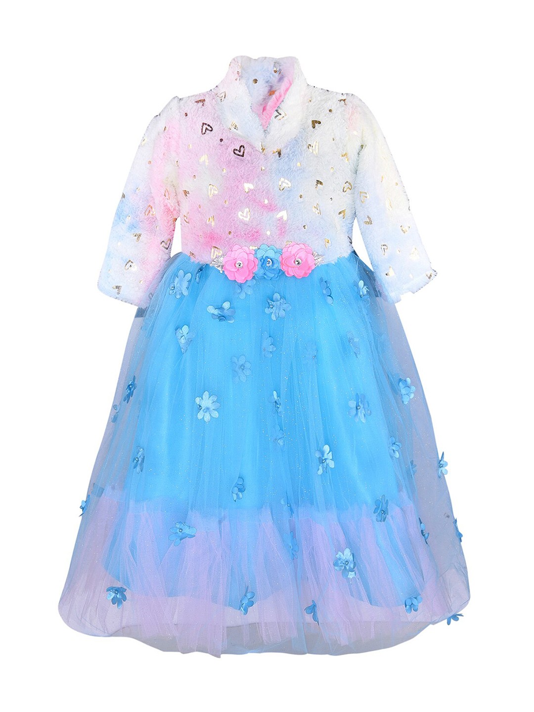 

Wish Karo Girls Blue & White Embellished Applique Net Dress
