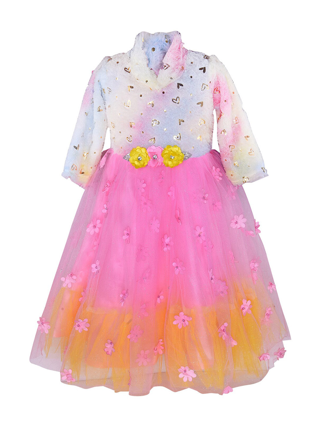 

Wish Karo Girls Pink & White Floral Applique Net Dress