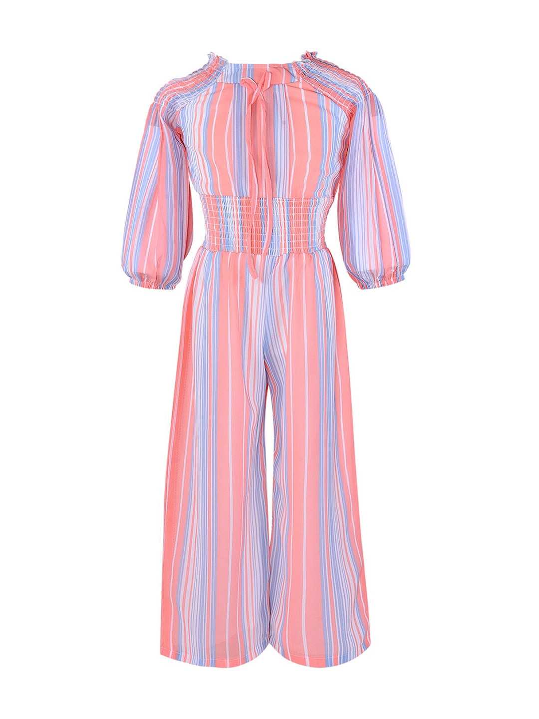 

Wish Karo Girls Peach-Coloured & White Striped Georgette Jumper Dress