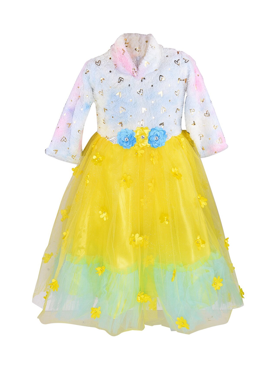 

Wish Karo Girls Yellow & White Floral Applique Net Maxi Dress