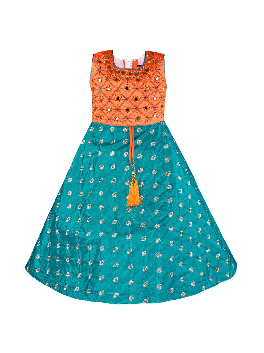 

Wish Karo Teal & Orange Ethnic Motifs Silk Fit & Flare Dress