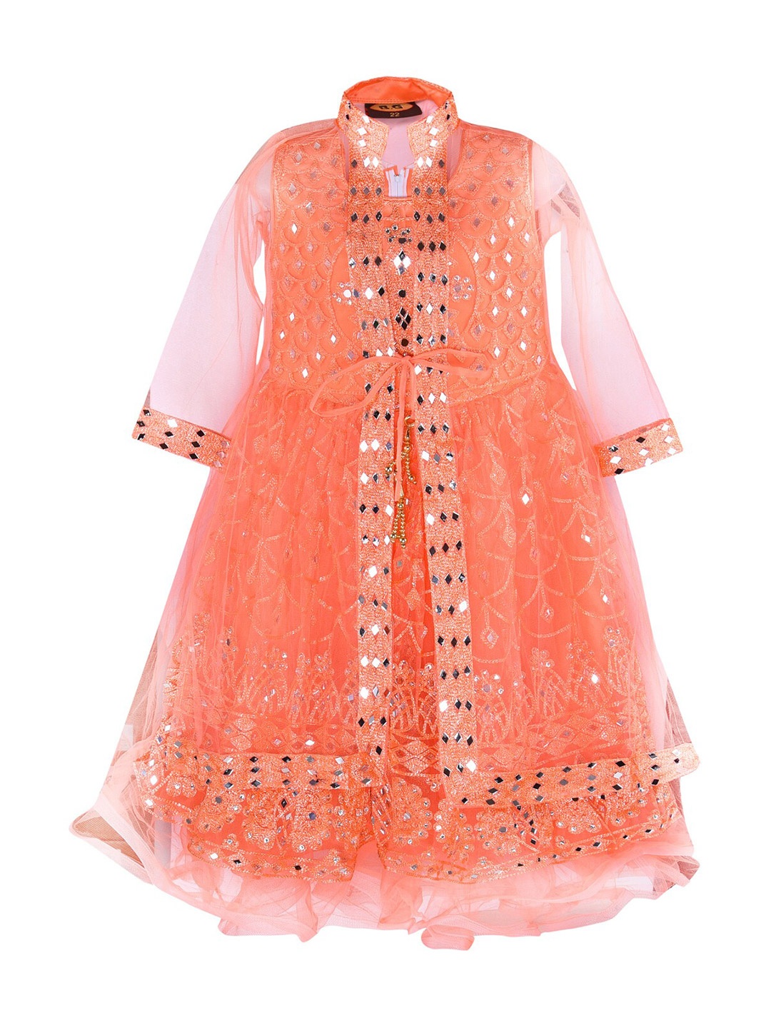 

Wish Karo Girls Peach-Coloured Geometric Motif Embellished Fit & Flared Net Dress