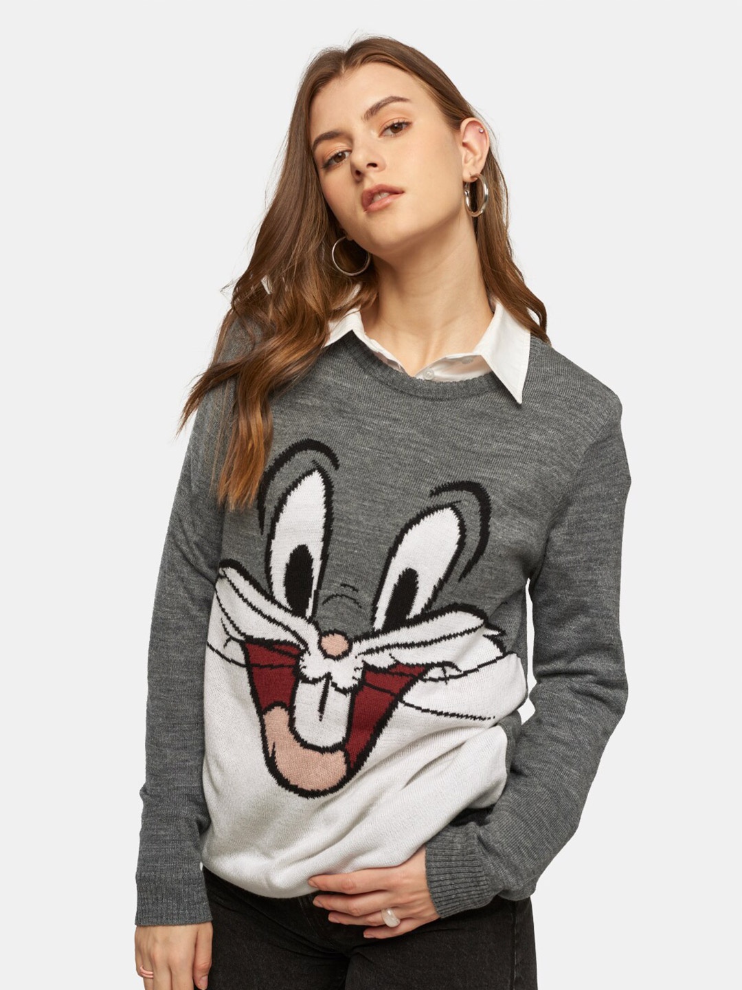 

The Souled Store Women Grey & White Printed Pullover