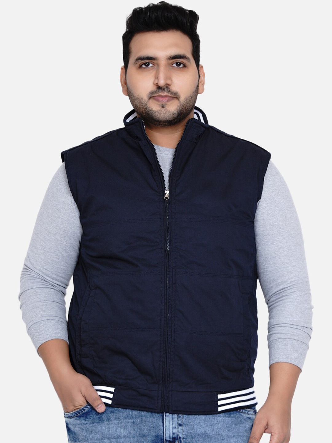 

John Pride Men Plus Size Navy Blue White Puffer Jacket