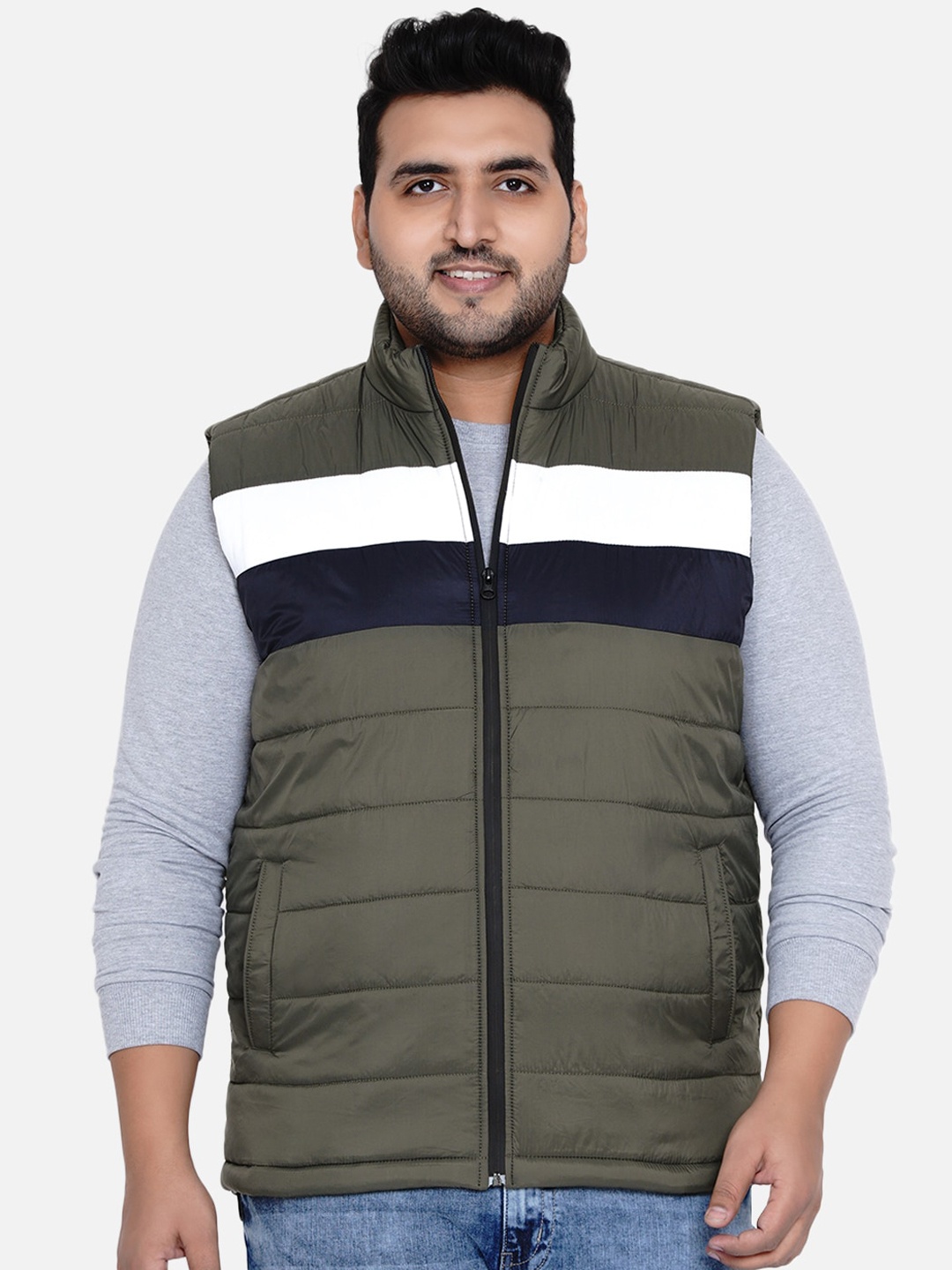 

John Pride Men Plus Size Olive Green Blue Striped Puffer Jacket