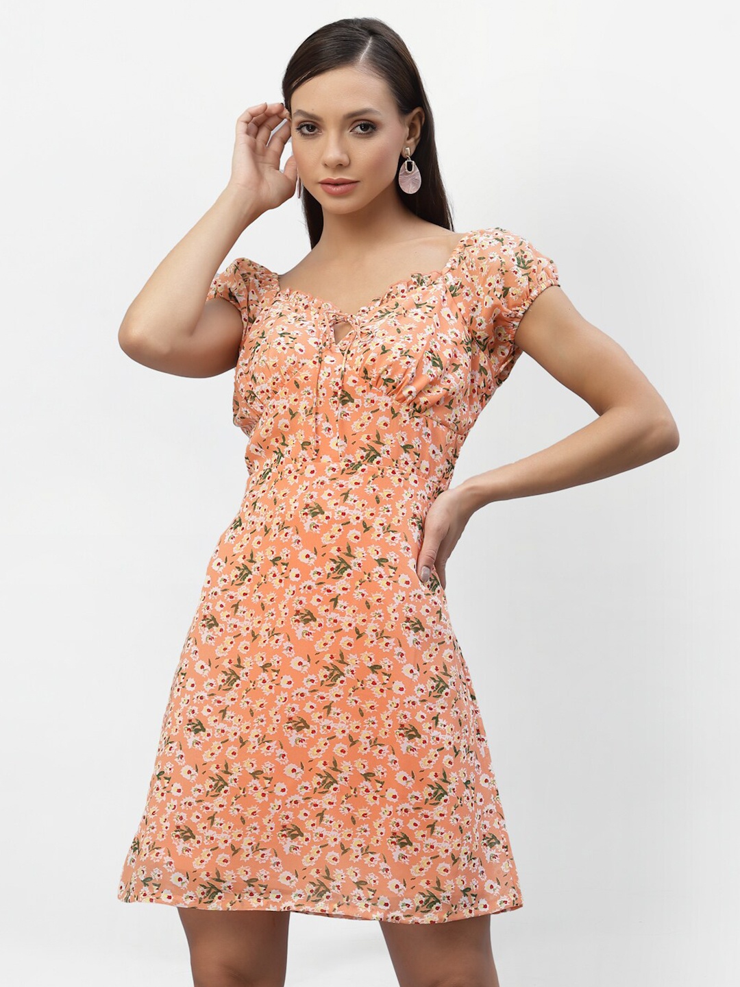 

aayu Women Coral & White Floral Printed Crepe Dress