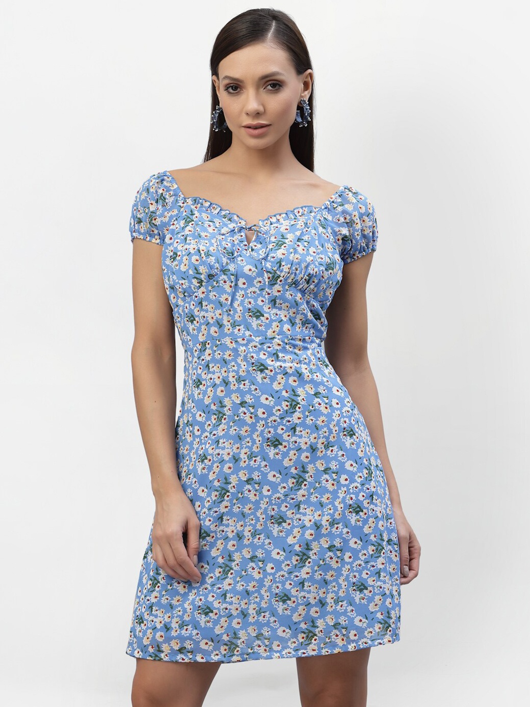 

aayu Women Blue Floral Printed Tie-Up Neck Crepe A-Line Dress