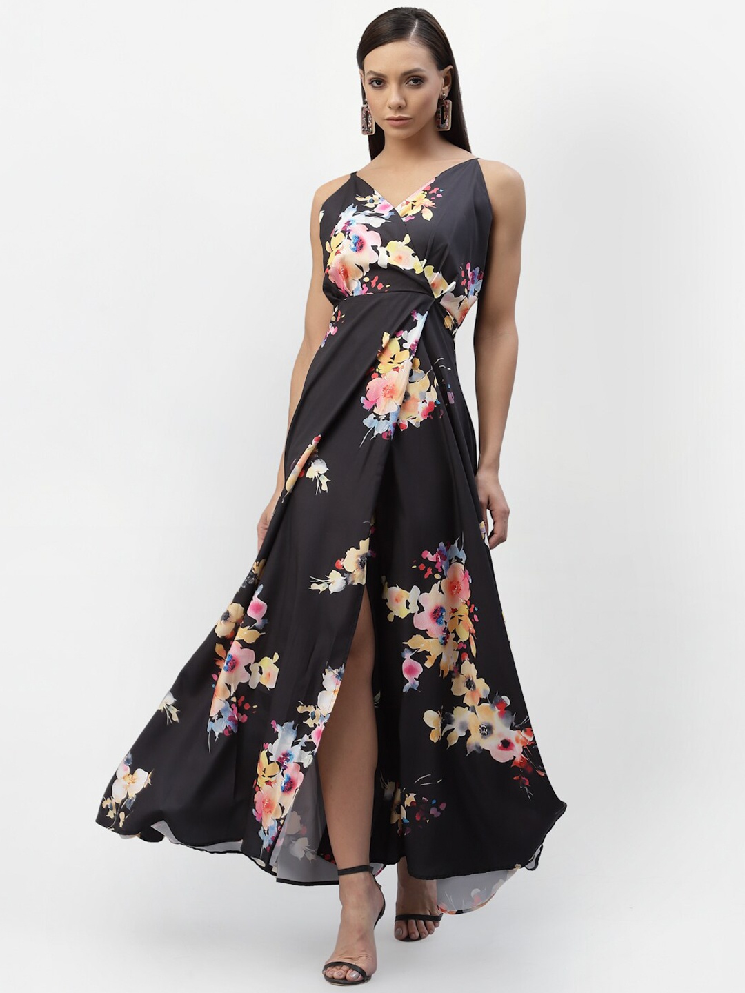 

aayu Women Black Floral Crepe Front Slit Maxi Dress