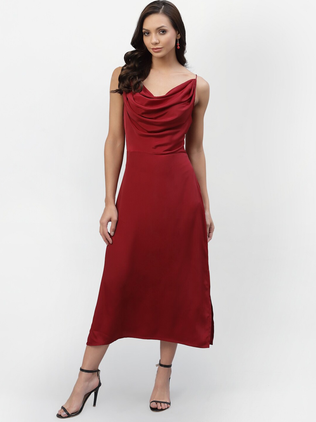 

aayu Women Maroon Cowl Neck Satin Midi Dress