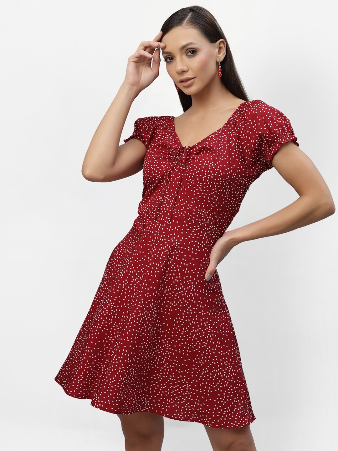 

aayu Women Maroon & White Polka Dots Printed Crepe Dress