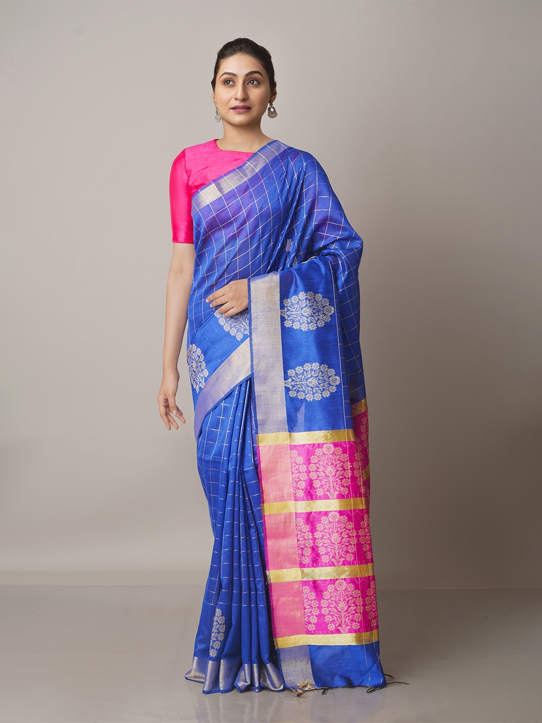 

Unnati Silks Blue & Pink Woven Design Zari Silk Blend Baluchari Saree
