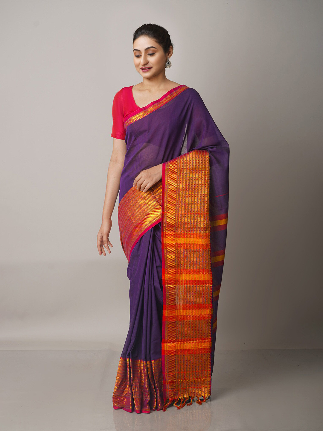 

Unnati Silks Violet & Orange Woven Design Zari Pure Cotton Narayan Peth Saree
