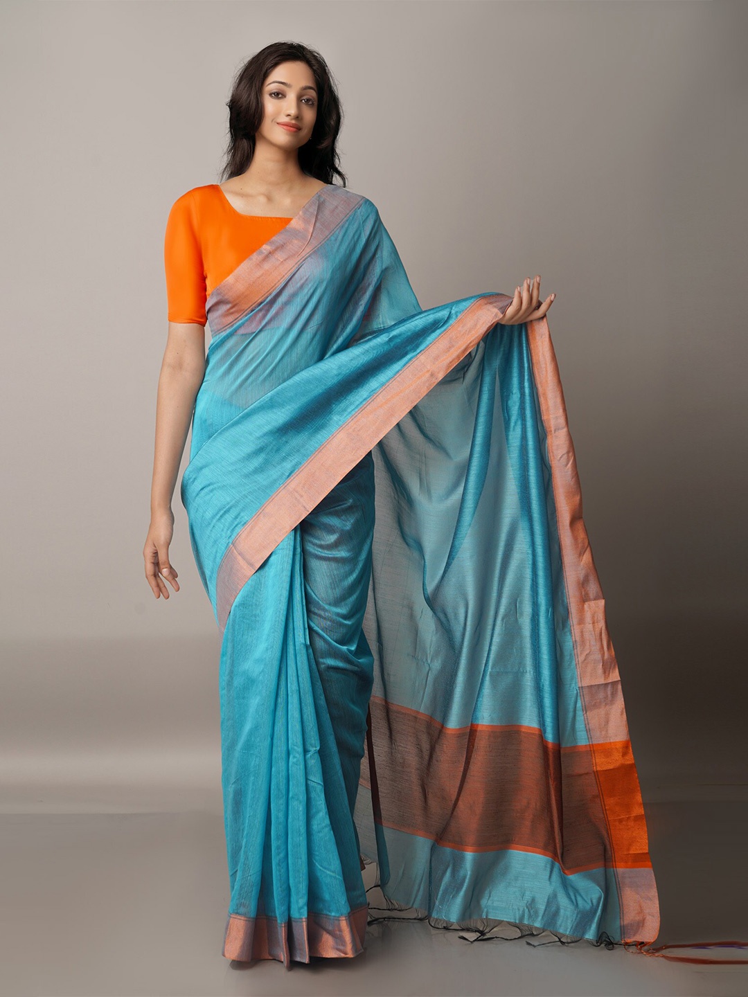 

Unnati Silks Blue & Orange Woven Design Zari Silk Cotton Chanderi Saree