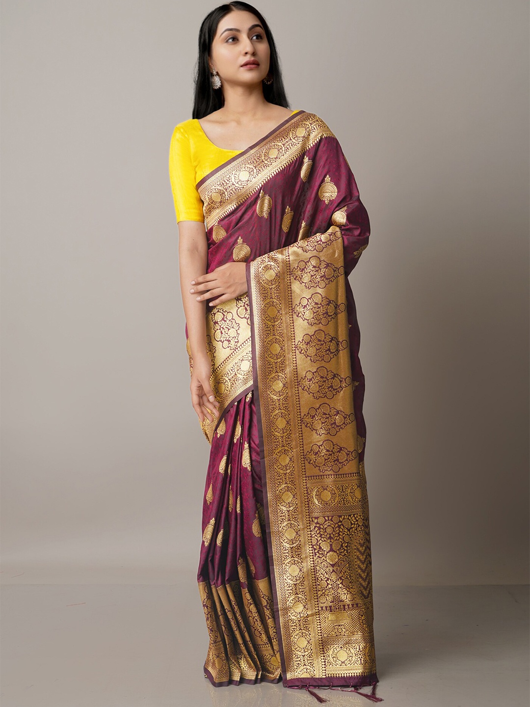 

Unnati Silks Purple & Gold-Toned Woven Design Zari Silk Blend Banarasi Saree