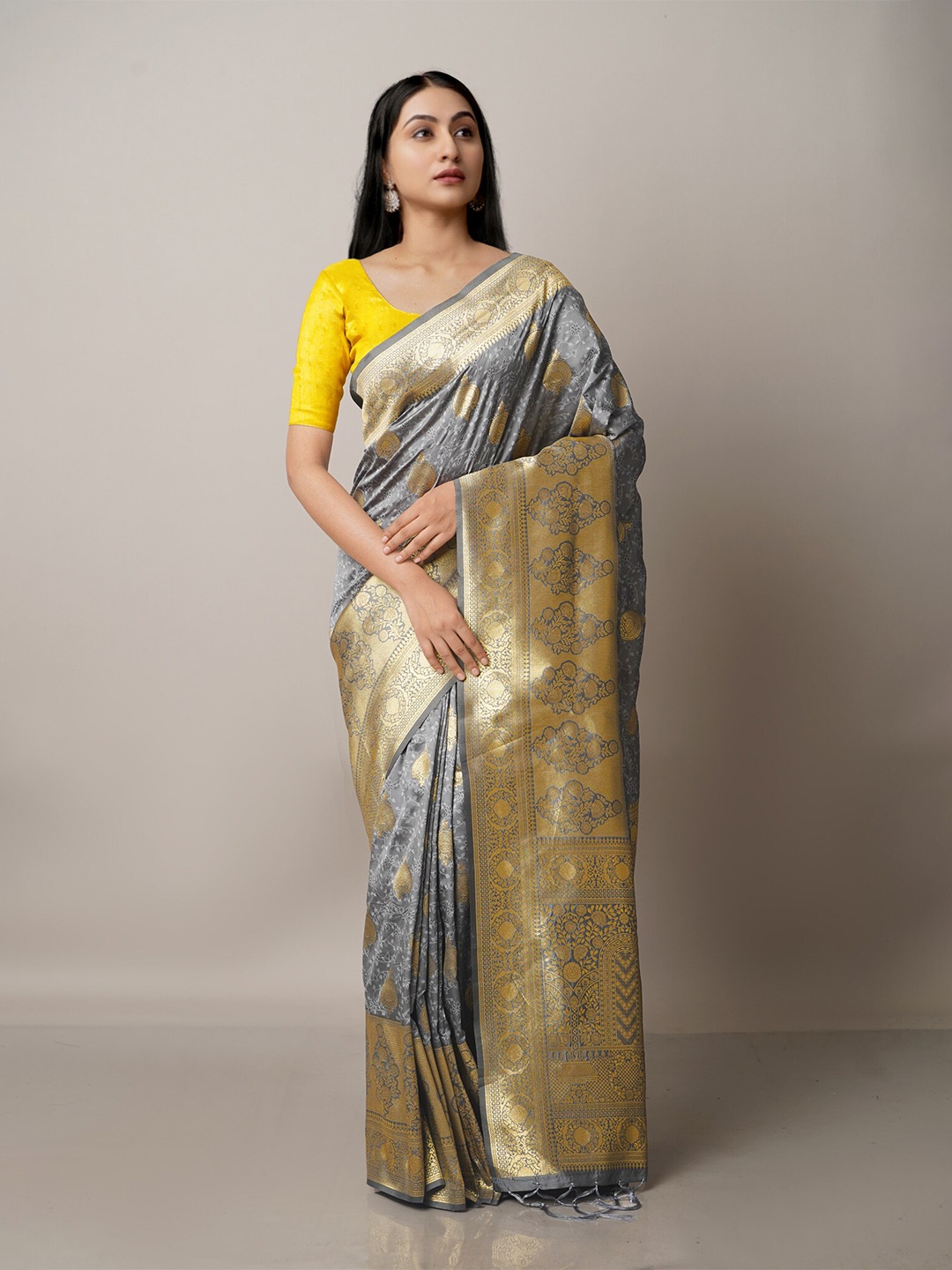 

Unnati Silks Grey & Gold-Toned Woven Design Zari Silk Blend Banarasi Saree