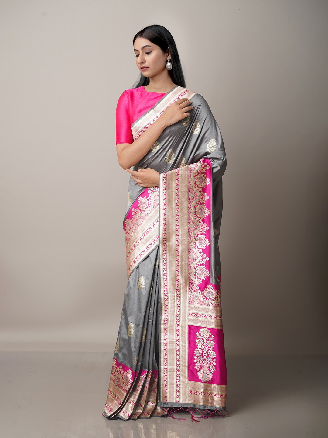 

Unnati Silks Grey & Pink Floral Zari Silk Blend Banarasi Saree