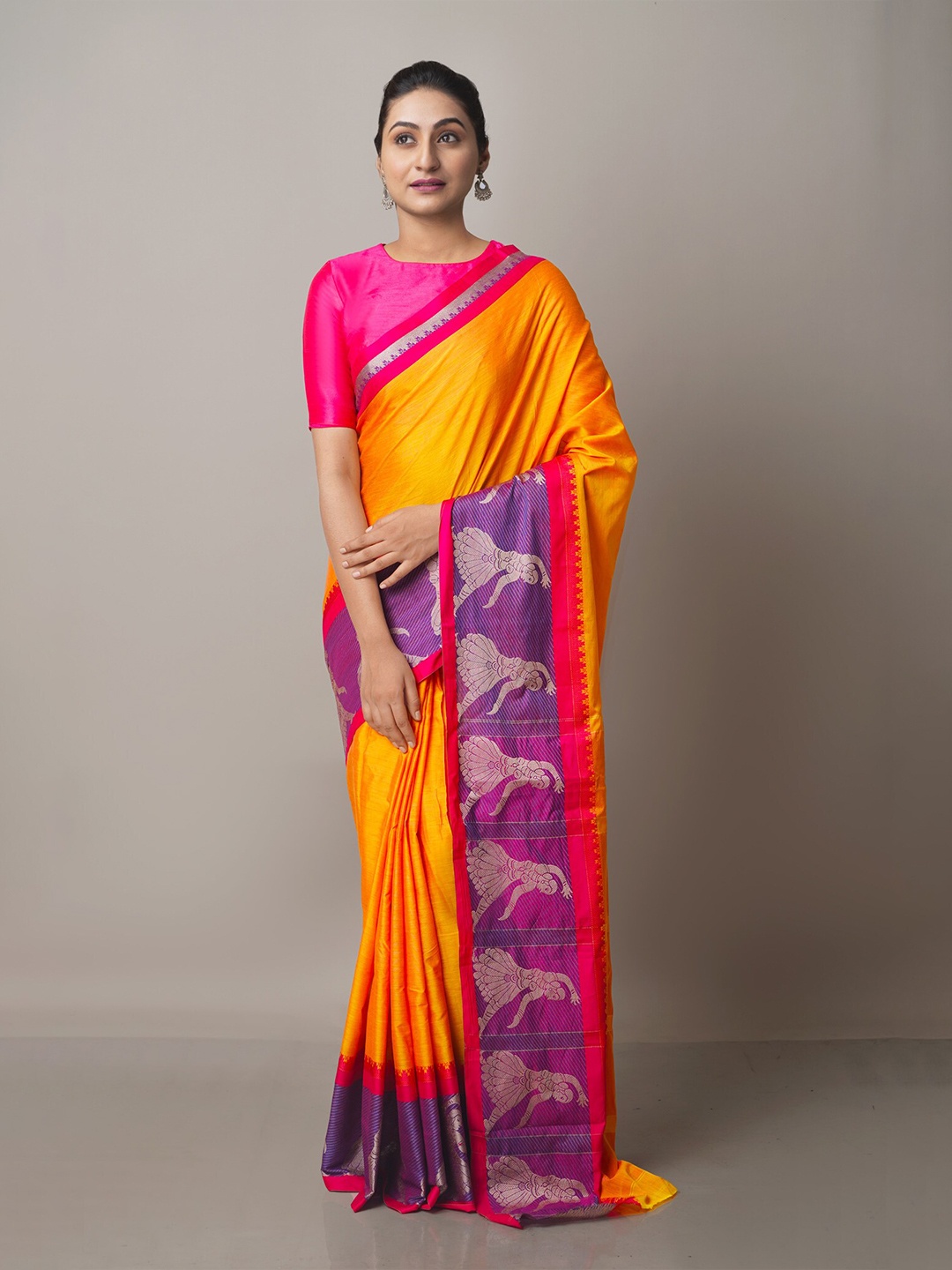 

Unnati Silks Orange & Purple Woven Design Narayan Peth Saree