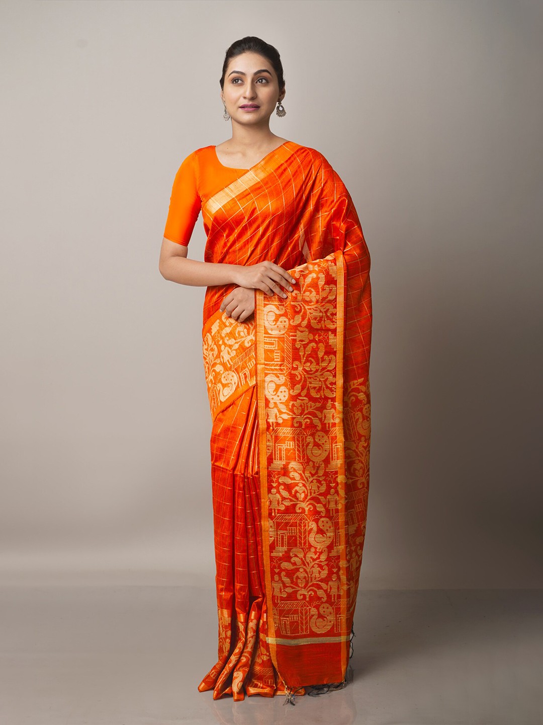 

Unnati Silks Orange & Gold-Toned Woven Design Silk Blend Baluchari Saree