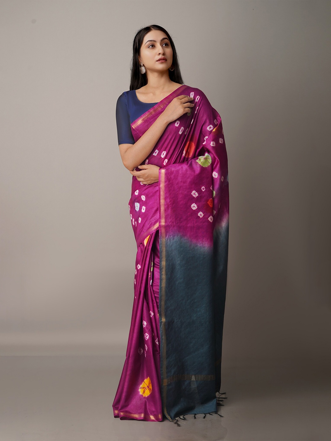 

Unnati Silks Purple & Grey Batik Zari Silk Cotton Chanderi Saree