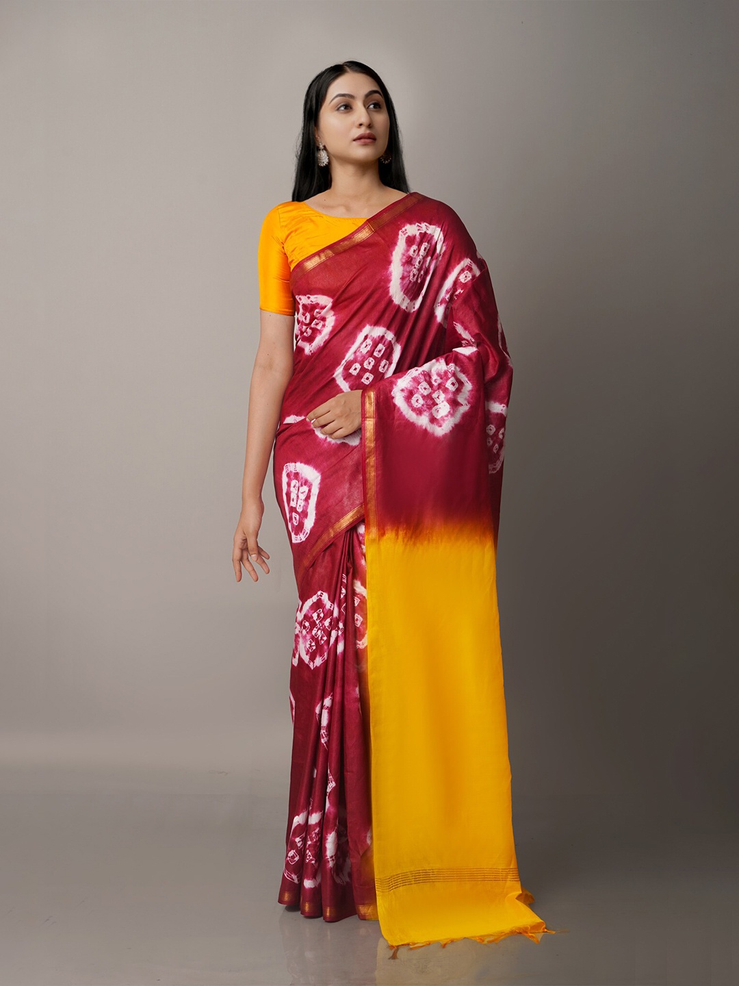 

Unnati Silks Maroon & Yellow Batik Zari Silk Cotton Chanderi Saree