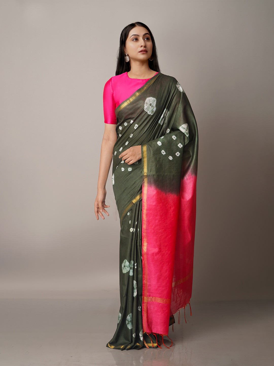 

Unnati Silks Green & Pink Batik Zari Silk Cotton Chanderi Saree