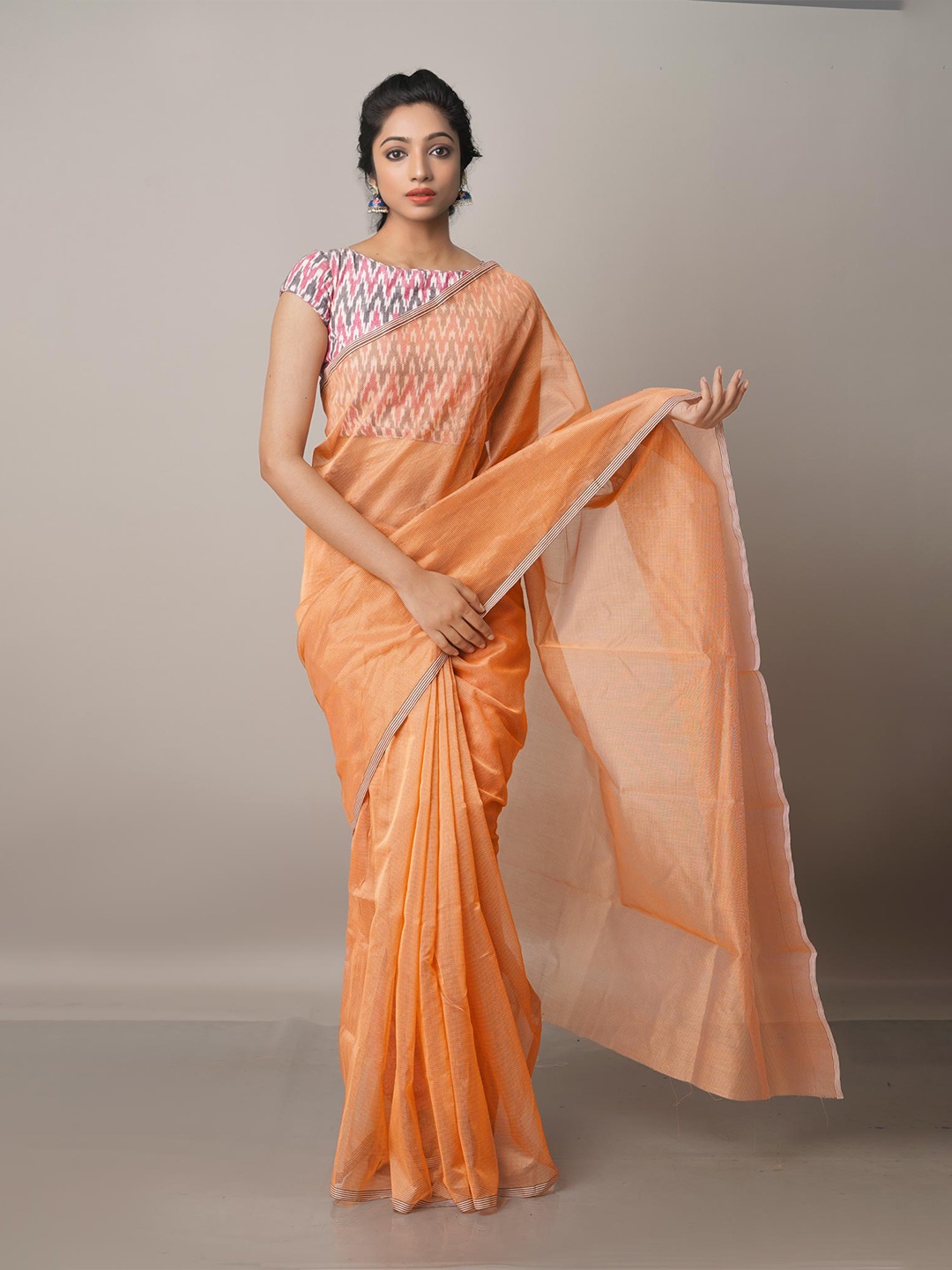 

Unnati Silks Orange Woven Design Zari Net Banarasi Saree