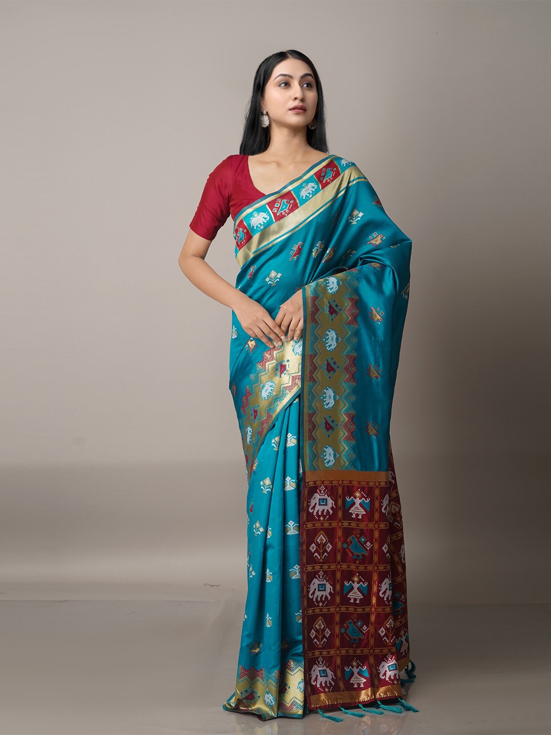 

Unnati Silks Blue & Maroon Woven Design Zari Paithani Saree