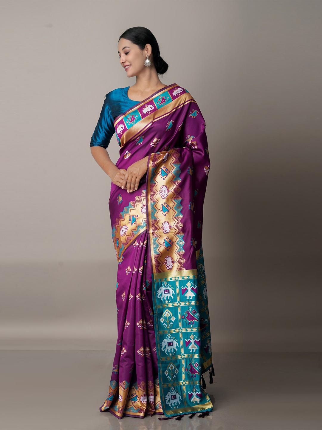 

Unnati Silks Purple & Blue Woven Design Paithani Saree