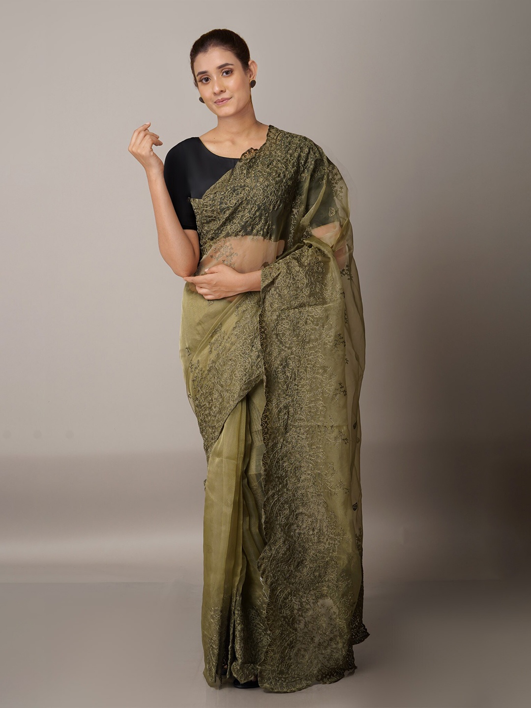 

Unnati Silks Olive Green Ethnic Motifs Organza Jamdani Saree
