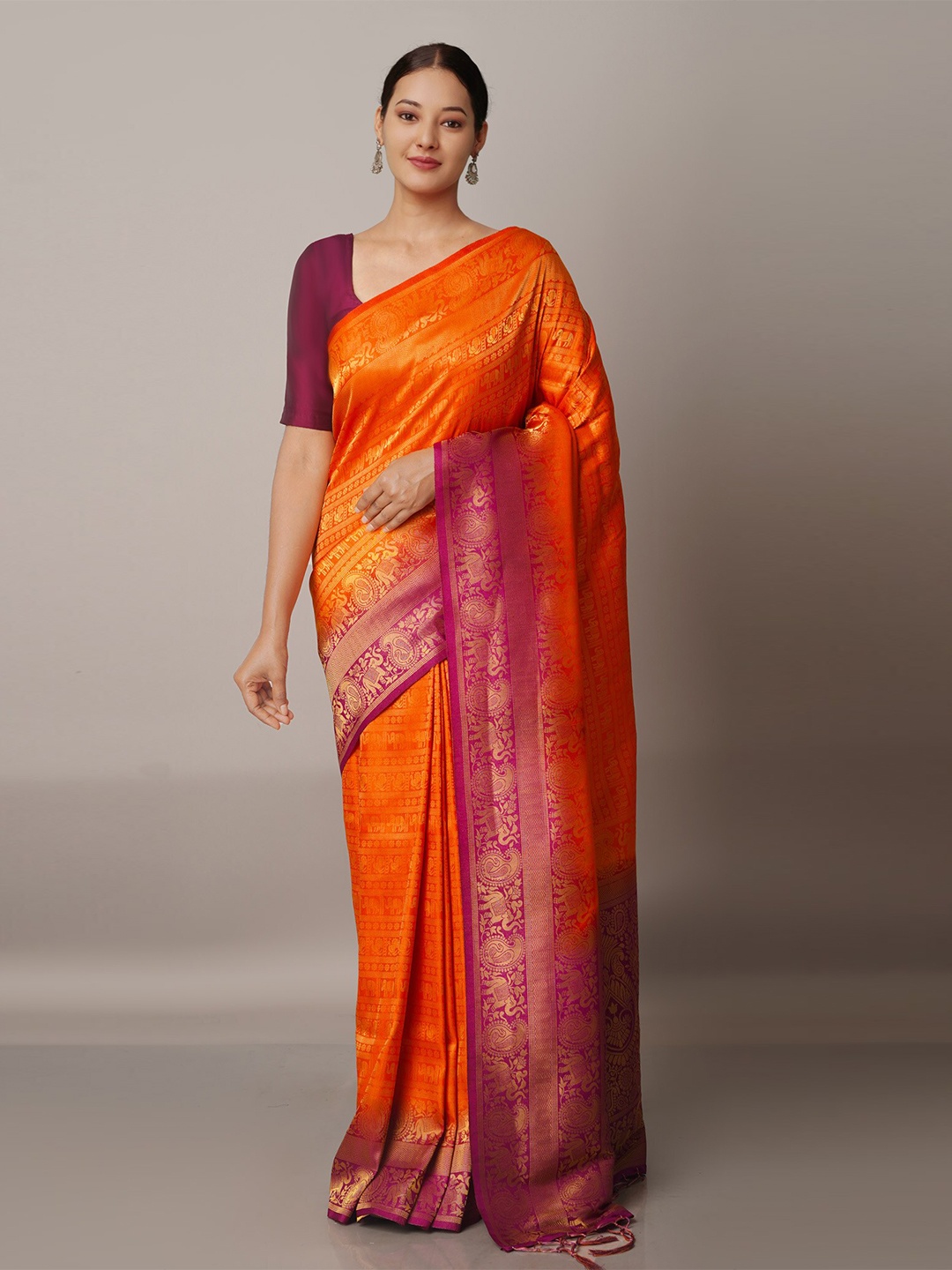 

Unnati Silks Orange & Violet Woven Design Zari Banarasi Saree