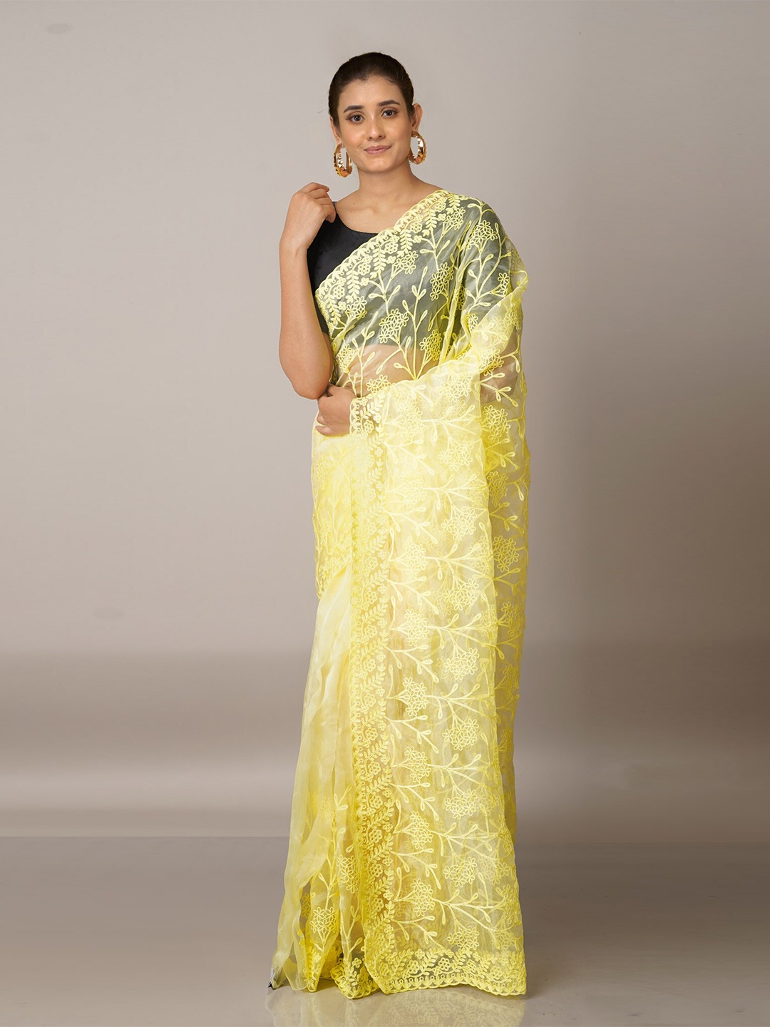 

Unnati Silks Yellow Ethnic Motifs Embroidered Organza Jamdani Saree