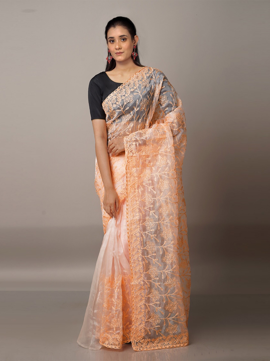 

Unnati Silks Peach-Coloured & Orange Ethnic Motifs Embroidered Organza Jamdani Saree