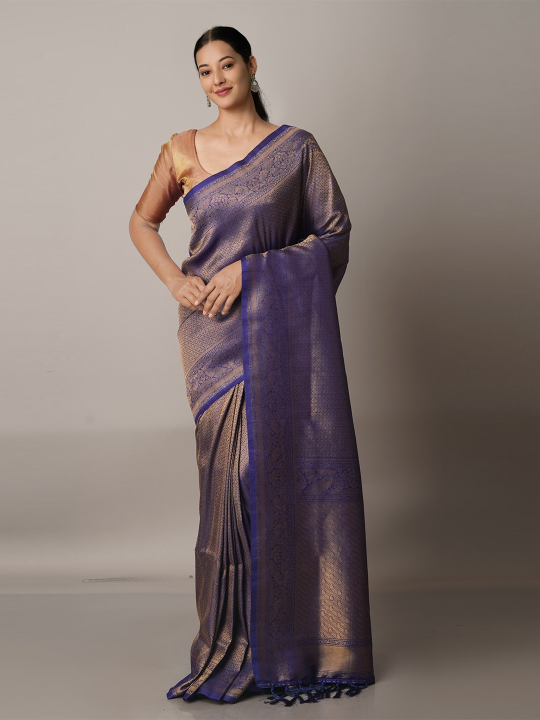 

Unnati Silks Navy Blue & Gold-Toned Woven Design Zari Banarasi Saree