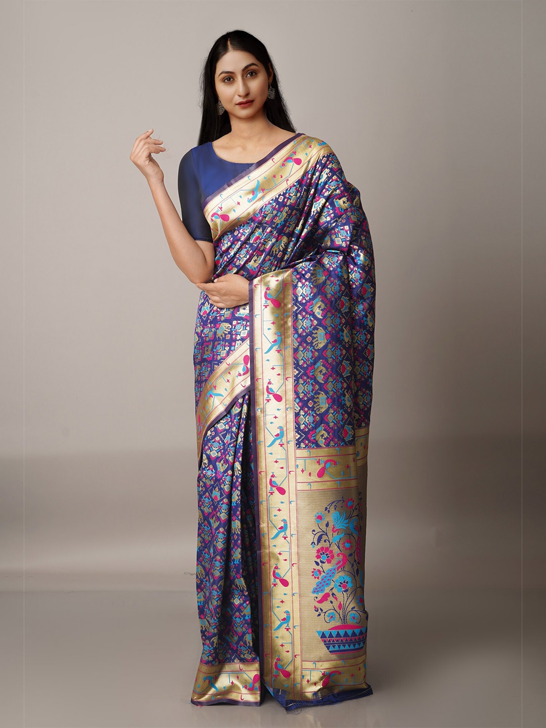 

Unnati Silks Navy Blue & Pink Woven Design Zari Silk Blend Paithani Saree