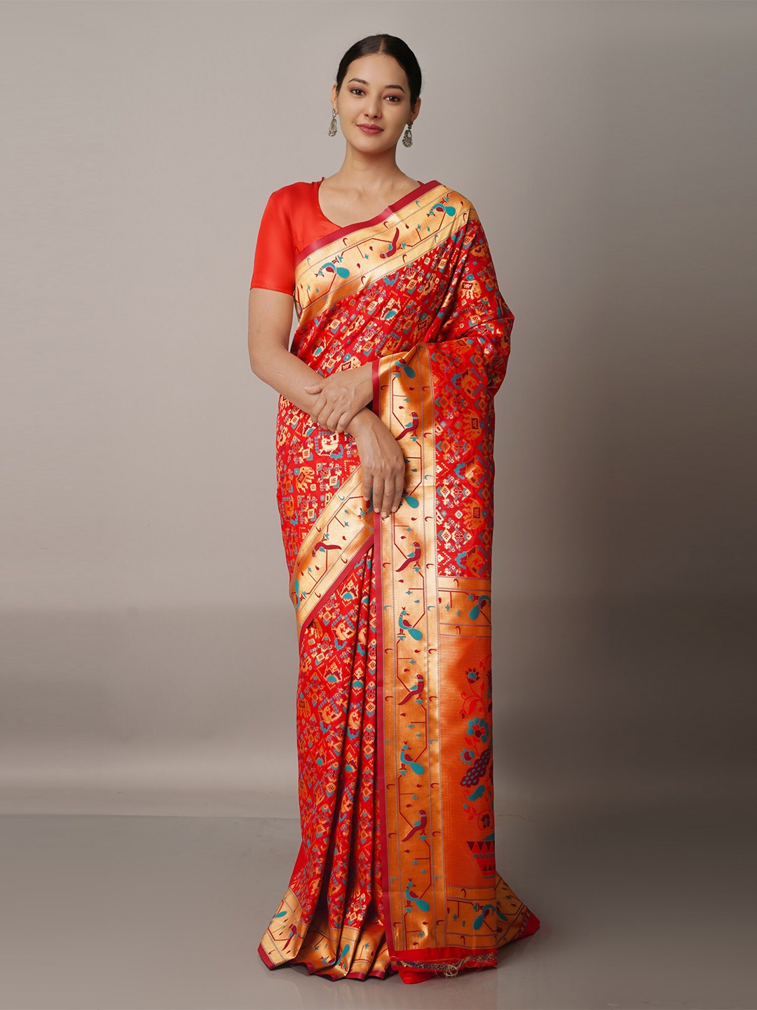 

Unnati Silks Red & Blue Woven Design Zari Silk Blend Paithani Saree