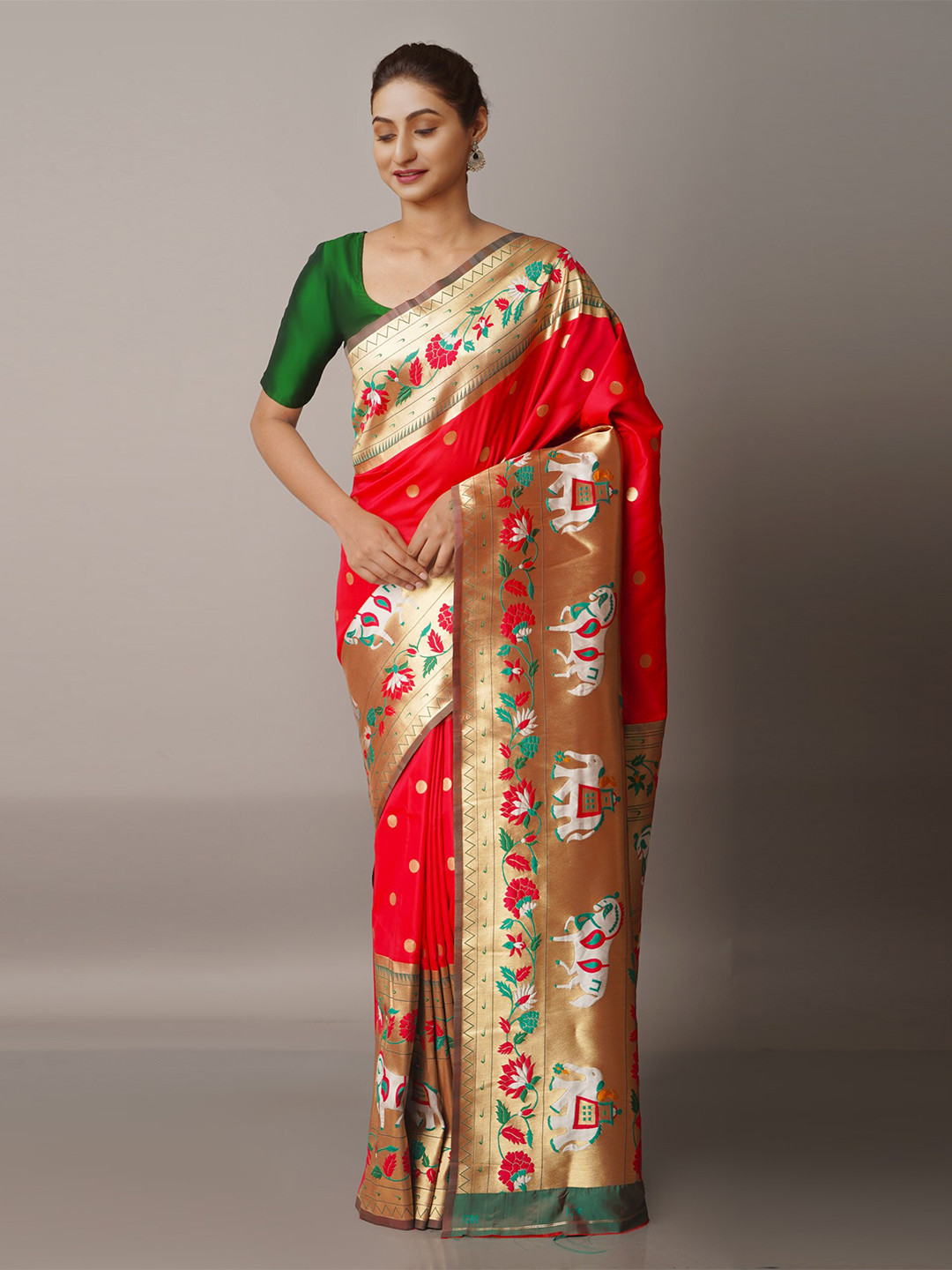 

Unnati Silks Red & Gold-Toned Woven Design Zari Silk Blend Paithani Saree