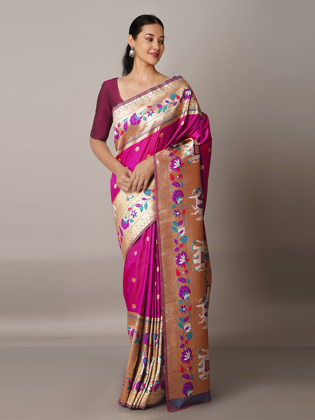 

Unnati Silks Purple & Blue Woven Design Zari Silk Blend Paithani Saree