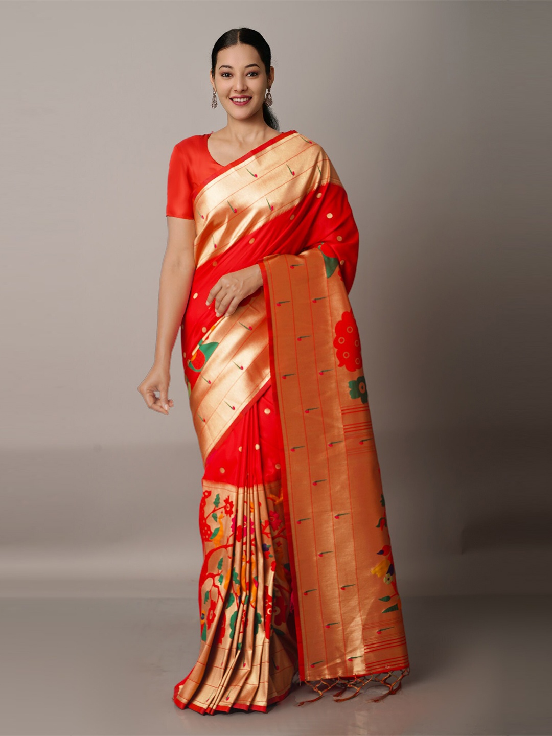 

Unnati Silks Red & Gold-Toned Woven Design Zari Silk Blend Paithani Saree